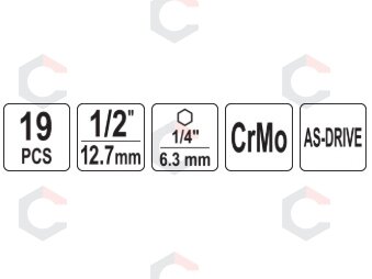 Ilgų smūginių galvučių rinkinys – AS-Drive 1/2" – 8–24 mm, 19 vnt (YT-10556) 4 Ilgų smūginių galvučių rinkinys – AS-Drive 1/2" – 8–24 mm, 19 vnt (YT-10556) 4