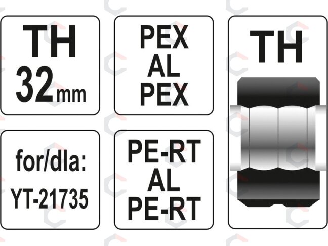 Presavimo replių indėklas TH tipo | 32 mm | PEX-AL-PEX / PERT-AL-PERT (YT-21747) 2 Presavimo replių indėklas TH tipo | 32 mm | PEX-AL-PEX / PERT-AL-PERT (YT-21747) 2