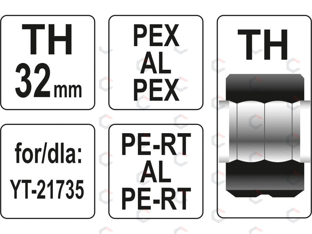 Presavimo replių indėklas TH tipo | 32 mm | PEX-AL-PEX / PERT-AL-PERT (YT-21747) 2 Presavimo replių indėklas TH tipo | 32 mm | PEX-AL-PEX / PERT-AL-PERT (YT-21747) 2