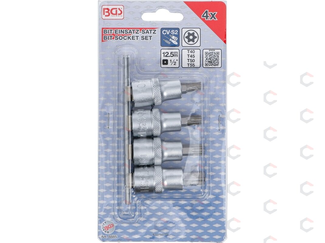 Įpresuotų antgalių rinkinys | 12,5 mm (1/2") | T-Star su skyle (Torx) T40 - T55 | 4 vnt. (8885) 3 Įpresuotų antgalių rinkinys | 12,5 mm (1/2") | T-Star su skyle (Torx) T40 - T55 | 4 vnt. (8885) 3