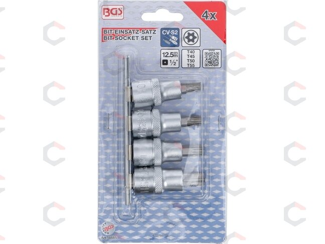 Įpresuotų antgalių rinkinys | 12,5 mm (1/2") | T-Star su skyle (Torx) T40 - T55 | 4 vnt. (8885) 3 Įpresuotų antgalių rinkinys | 12,5 mm (1/2") | T-Star su skyle (Torx) T40 - T55 | 4 vnt. (8885) 3