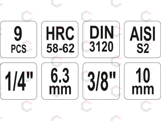 Įpresuotų antgalių rinkinys 1/4"+3/8", 9 vnt Hex H2-H12 (YT-04401) 2 Įpresuotų antgalių rinkinys 1/4"+3/8", 9 vnt Hex H2-H12 (YT-04401) 2
