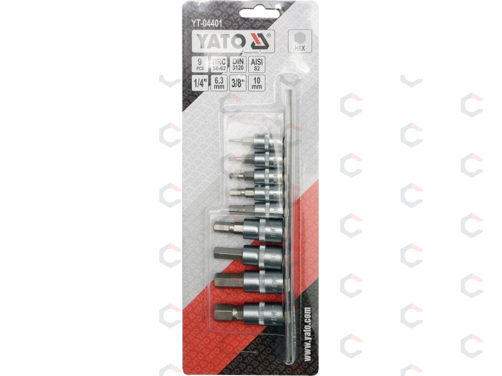 Įpresuotų antgalių rinkinys 1/4"+3/8", 9 vnt Hex H2-H12 (YT-04401) 1 Įpresuotų antgalių rinkinys 1/4"+3/8", 9 vnt Hex H2-H12 (YT-04401) 1