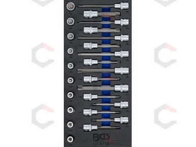Įrankių dėklas 1/3: Įpresuotų antgalių rinkinys | 12,5 mm (1/2") | T-star (Torx) | 26 vnt. (4119)