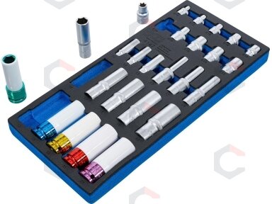 Įrankių dėklas 1/3:galvutės | Šešiakampis, gylis 11 - 22 mm | E tipo E10 - E22 | 6,3 mm (1/4"), 10 mm (3/8"), 12,5 mm (1/2") | 26 vnt. (4147) Įrankių dėklas 1/3:galvutės | Šešiakampis, gylis 11 - 22 mm | E tipo E10 - E22 | 6,3 mm (1/4"), 10 mm (3/8"), 12,5 mm (1/2") | 26 vnt. (4147)
