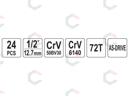 Įrankių rinkinys 1/2" galvutėms | 10–32 mm | 24 vnt (YT-12662) 4 Įrankių rinkinys 1/2" galvutėms | 10–32 mm | 24 vnt (YT-12662) 4