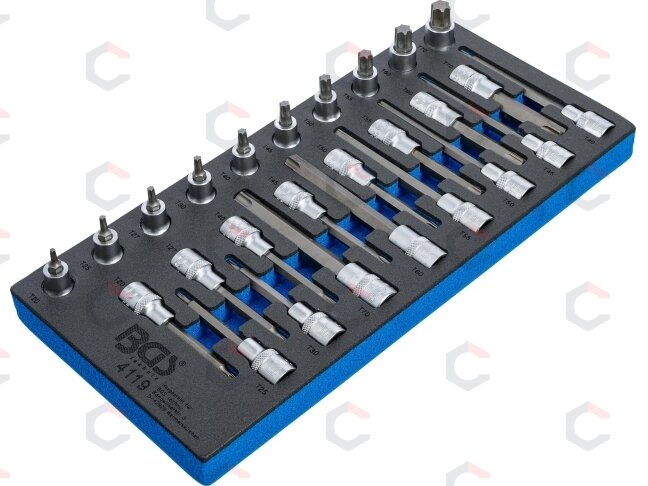 Įrankių dėklas 1/3: Įpresuotų antgalių rinkinys | 12,5 mm (1/2") | T-star (Torx) | 26 vnt. (4119)