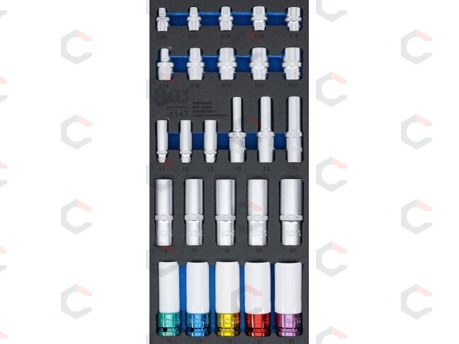 Įrankių dėklas 1/3:galvutės | Šešiakampis, gylis 11 - 22 mm | E tipo E10 - E22 | 6,3 mm (1/4"), 10 mm (3/8"), 12,5 mm (1/2") | 26 vnt. (4147) 1 Įrankių dėklas 1/3:galvutės | Šešiakampis, gylis 11 - 22 mm | E tipo E10 - E22 | 6,3 mm (1/4"), 10 mm (3/8"), 12,5 mm (1/2") | 26 vnt. (4147) 1