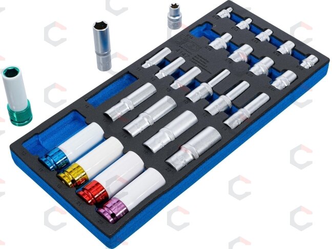 Įrankių dėklas 1/3:galvutės | Šešiakampis, gylis 11 - 22 mm | E tipo E10 - E22 | 6,3 mm (1/4"), 10 mm (3/8"), 12,5 mm (1/2") | 26 vnt. (4147) Įrankių dėklas 1/3:galvutės | Šešiakampis, gylis 11 - 22 mm | E tipo E10 - E22 | 6,3 mm (1/4"), 10 mm (3/8"), 12,5 mm (1/2") | 26 vnt. (4147)