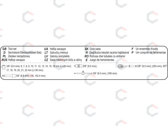 Įrankių komplektas | 10 mm (3/8") | 22 vnt. (58661) 5 Įrankių komplektas | 10 mm (3/8") | 22 vnt. (58661) 5
