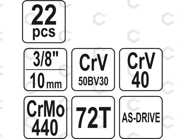 Įrankių komplektas | 10 mm (3/8") | 22 vnt. (YT-38561) 4 Įrankių komplektas | 10 mm (3/8") | 22 vnt. (YT-38561) 4