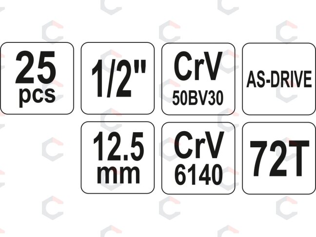 Įrankių rinkinys | 12,5 mm (1/2") | 10-32 mm | 25 vnt. (YT-12671) 4 Įrankių rinkinys | 12,5 mm (1/2") | 10-32 mm | 25 vnt. (YT-12671) 4