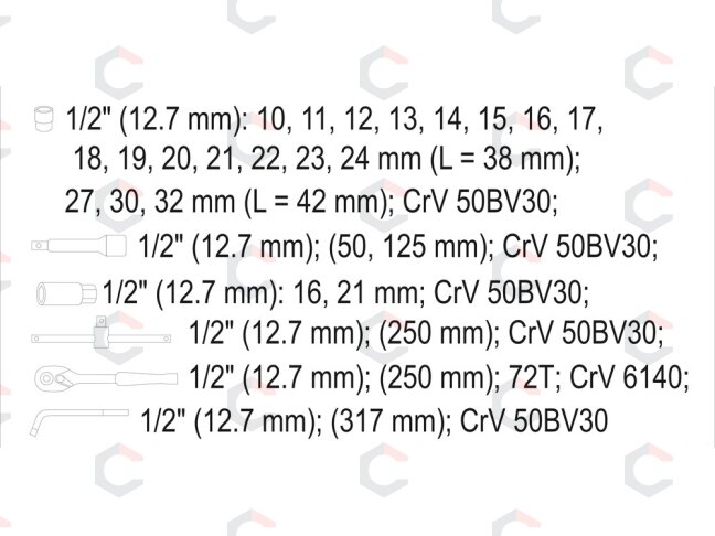 Įrankių rinkinys | 12,5 mm (1/2") | 10-32 mm | 25 vnt. (YT-12671) 5 Įrankių rinkinys | 12,5 mm (1/2") | 10-32 mm | 25 vnt. (YT-12671) 5