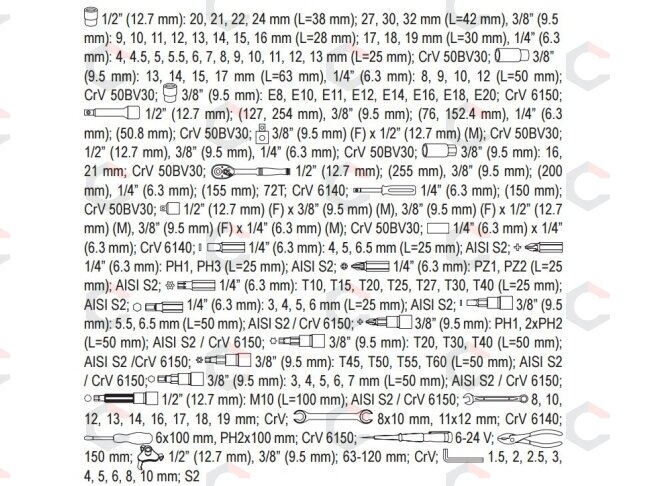 Įrankių rinkinys | 6.3 mm (1/4") / 10 mm (3/8") / 12,5 mm (1/2") | 126 vnt. (YT-38875) 6 Įrankių rinkinys | 6.3 mm (1/4") / 10 mm (3/8") / 12,5 mm (1/2") | 126 vnt. (YT-38875) 6