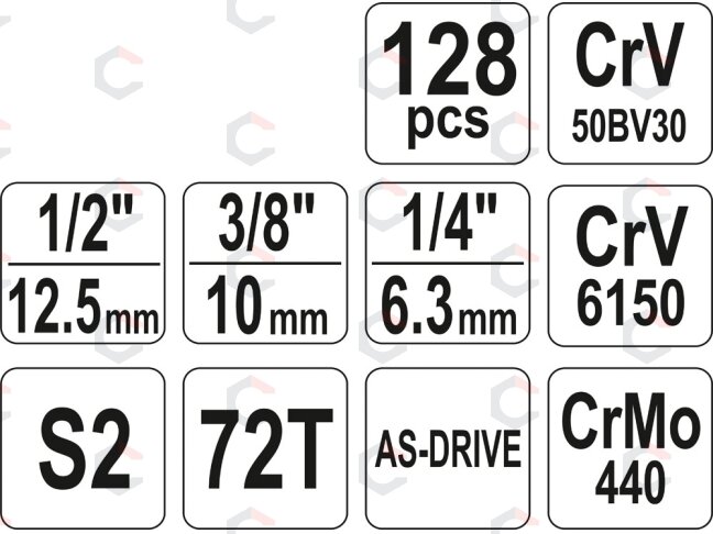 Įrankių rinkinys | 6.3 mm (1/4") / 10 mm (3/8") / 12,5 mm (1/2") | 128 vnt. (YT-38872) 4 Įrankių rinkinys | 6.3 mm (1/4") / 10 mm (3/8") / 12,5 mm (1/2") | 128 vnt. (YT-38872) 4