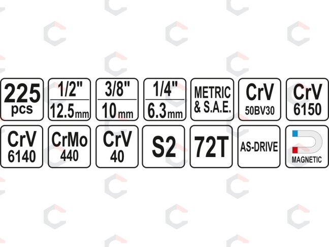 Galvučių ir įrankių rinkinys | 1/4", 3/8", 1/2" | 225 vnt. (YT-38941) 5 Galvučių ir įrankių rinkinys | 1/4", 3/8", 1/2" | 225 vnt. (YT-38941) 5