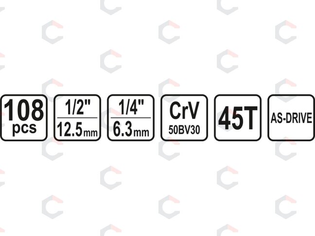 Įrankių rinkinys | 6.3 mm (1/4") + 12.5 mm (1/2") | 108 vnt. (58685) 4 Įrankių rinkinys | 6.3 mm (1/4") + 12.5 mm (1/2") | 108 vnt. (58685) 4