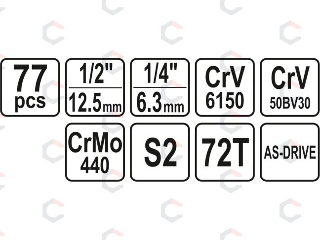 Įrankių rinkinys | 6.3 mm (1/4") + 12.5 mm (1/2") | 77 vnt. (YT-38781) 4 Įrankių rinkinys | 6.3 mm (1/4") + 12.5 mm (1/2") | 77 vnt. (YT-38781) 4