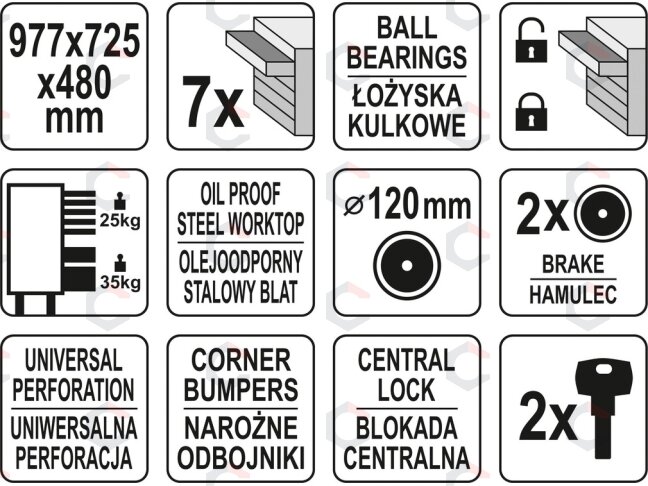 Įrankių spintelė ant ratukų | 7 stalčiai (YT-09032) 7 Įrankių spintelė ant ratukų | 7 stalčiai (YT-09032) 7