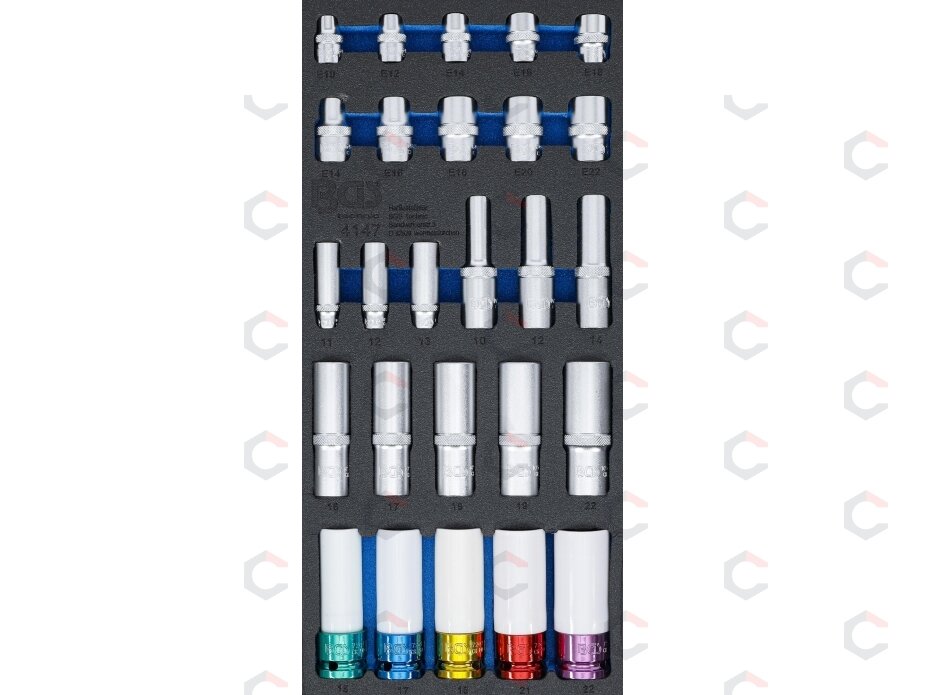 Įrankių dėklas 1/3:galvutės | Šešiakampis, gylis 11 - 22 mm | E tipo E10 - E22 | 6,3 mm (1/4"), 10 mm (3/8"), 12,5 mm (1/2") | 26 vnt. (4147) 1 Įrankių dėklas 1/3:galvutės | Šešiakampis, gylis 11 - 22 mm | E tipo E10 - E22 | 6,3 mm (1/4"), 10 mm (3/8"), 12,5 mm (1/2") | 26 vnt. (4147) 1