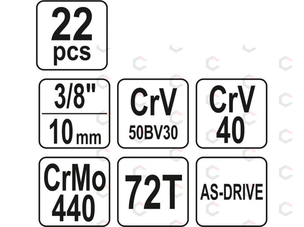 Įrankių komplektas | 10 mm (3/8") | 22 vnt. (YT-38561) 4 Įrankių komplektas | 10 mm (3/8") | 22 vnt. (YT-38561) 4