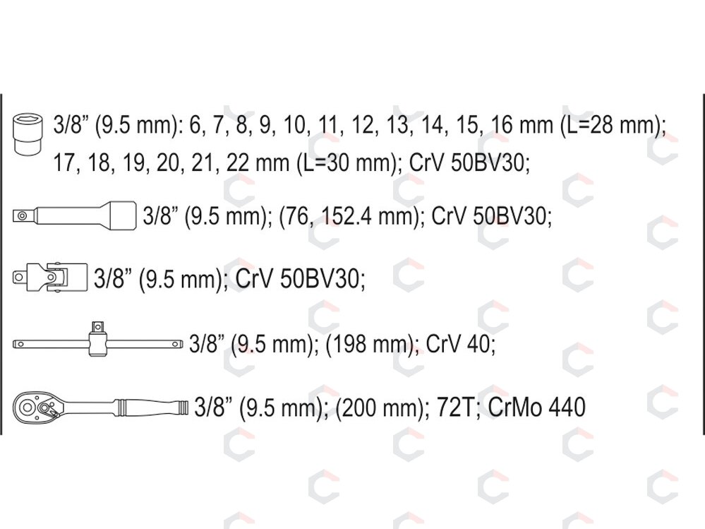 Įrankių komplektas | 10 mm (3/8") | 22 vnt. (YT-38561) 5 Įrankių komplektas | 10 mm (3/8") | 22 vnt. (YT-38561) 5