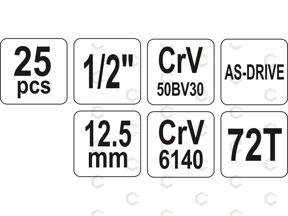 Įrankių rinkinys | 12,5 mm (1/2") | 10-32 mm | 25 vnt. (YT-12671) 4 Įrankių rinkinys | 12,5 mm (1/2") | 10-32 mm | 25 vnt. (YT-12671) 4