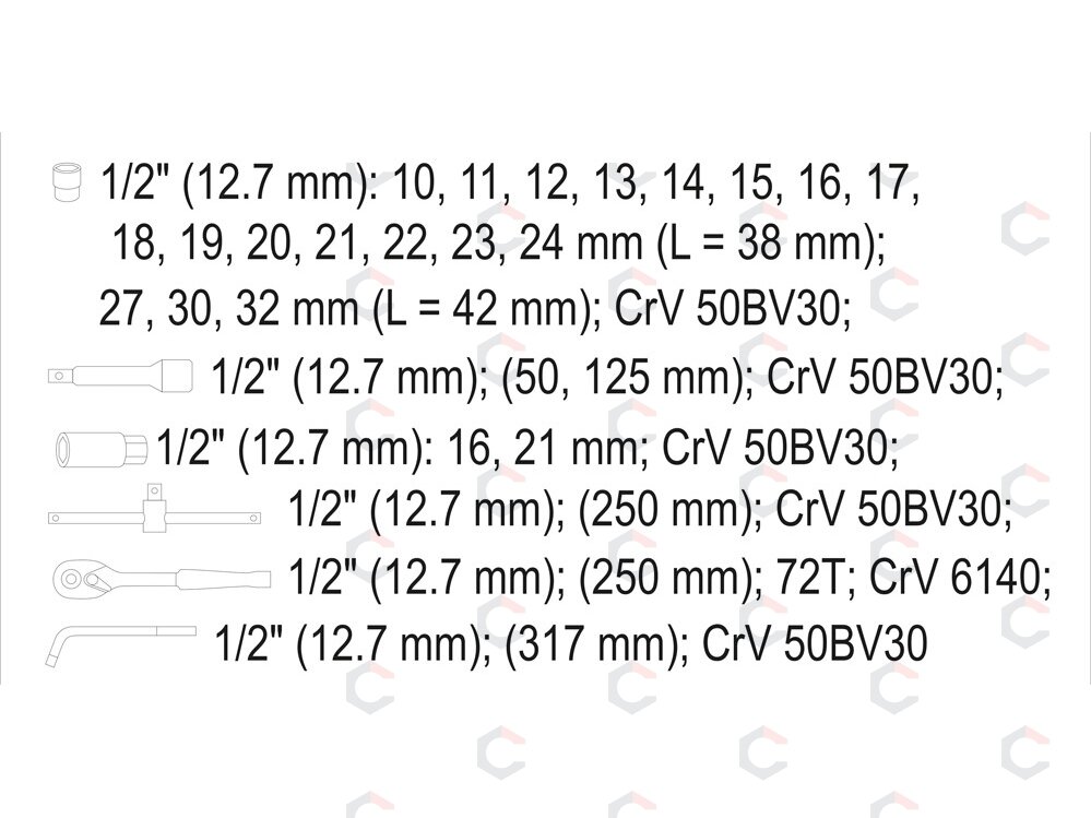 Įrankių rinkinys | 12,5 mm (1/2") | 10-32 mm | 25 vnt. (YT-12671) 5 Įrankių rinkinys | 12,5 mm (1/2") | 10-32 mm | 25 vnt. (YT-12671) 5