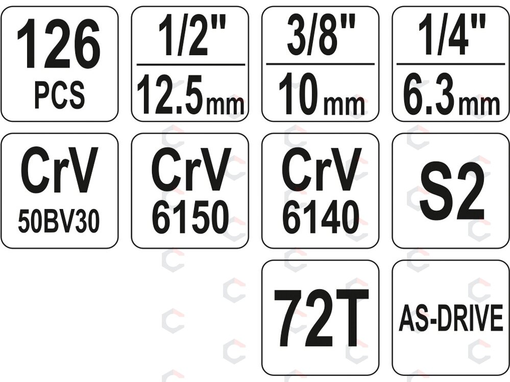 Įrankių rinkinys | 6.3 mm (1/4") / 10 mm (3/8") / 12,5 mm (1/2") | 126 vnt. (YT-38875) 4 Įrankių rinkinys | 6.3 mm (1/4") / 10 mm (3/8") / 12,5 mm (1/2") | 126 vnt. (YT-38875) 4