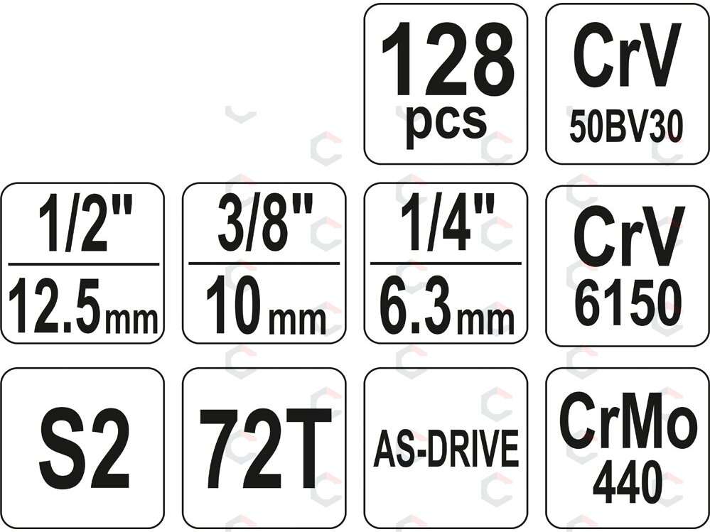 Įrankių rinkinys | 6.3 mm (1/4") / 10 mm (3/8") / 12,5 mm (1/2") | 128 vnt. (YT-38872) 4 Įrankių rinkinys | 6.3 mm (1/4") / 10 mm (3/8") / 12,5 mm (1/2") | 128 vnt. (YT-38872) 4