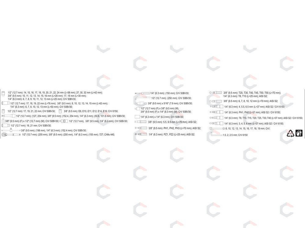 Įrankių rinkinys | 6.3 mm (1/4") / 10 mm (3/8") / 12,5 mm (1/2") | 128 vnt. (YT-38872) 5 Įrankių rinkinys | 6.3 mm (1/4") / 10 mm (3/8") / 12,5 mm (1/2") | 128 vnt. (YT-38872) 5