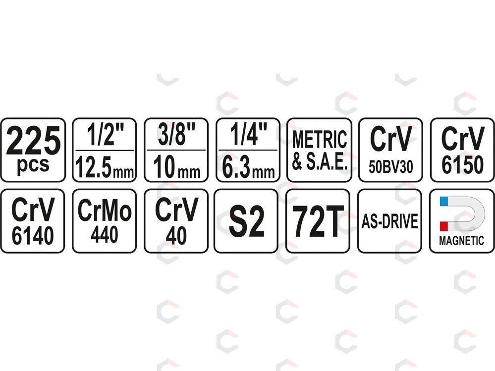 Galvučių ir įrankių rinkinys | 1/4", 3/8", 1/2" | 225 vnt. (YT-38941) 5 Galvučių ir įrankių rinkinys | 1/4", 3/8", 1/2" | 225 vnt. (YT-38941) 5