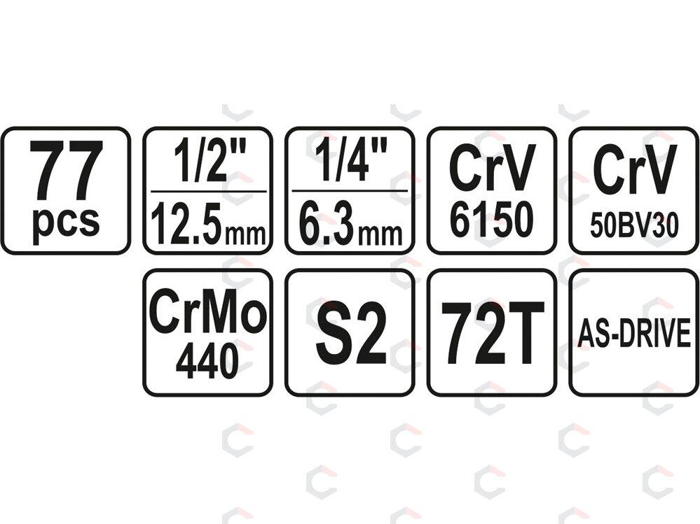 Įrankių rinkinys | 6.3 mm (1/4") + 12.5 mm (1/2") | 77 vnt. (YT-38781) 4 Įrankių rinkinys | 6.3 mm (1/4") + 12.5 mm (1/2") | 77 vnt. (YT-38781) 4