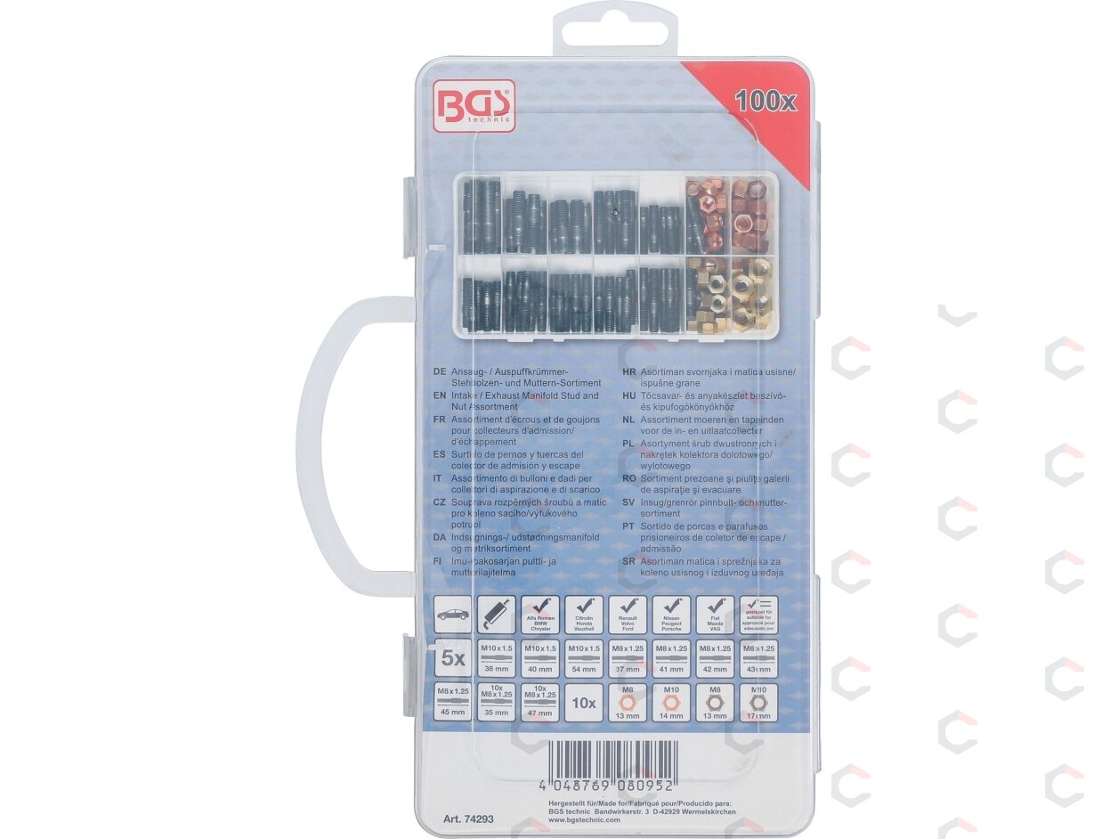 Įsiurbimo ir išmetimo kolektoriaus smeigių ir veržlių rinkinys | M8 / M10 | 100 vnt. | BGS (74293) 2 Įsiurbimo ir išmetimo kolektoriaus smeigių ir veržlių rinkinys | M8 / M10 | 100 vnt. | BGS (74293) 2