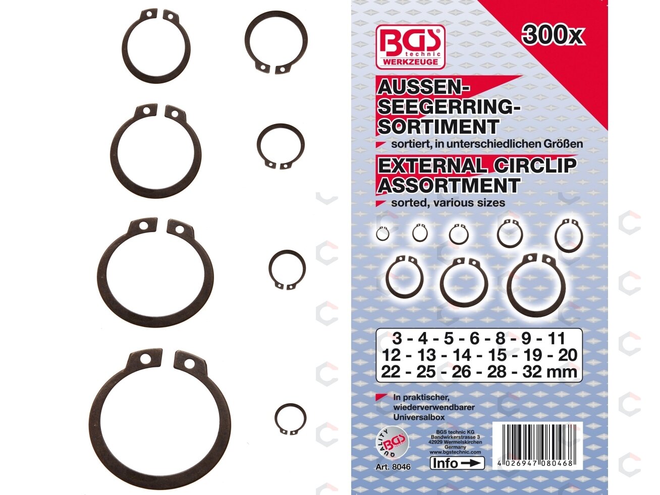 Išorinių fiksavimo žiedų asortimentas | Ø 3 - 32 mm | 300 vnt. (8046) 3 Išorinių fiksavimo žiedų asortimentas | Ø 3 - 32 mm | 300 vnt. (8046) 3