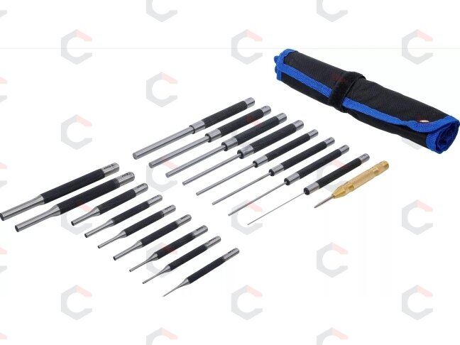 Išmušėjų rinkinys – ekstra ilgi, grūdinti – 100/150/200 mm, 1,5–9,5 mm, su centruokliu – 18 vnt (1695) Išmušėjų rinkinys – ekstra ilgi, grūdinti – 100/150/200 mm, 1,5–9,5 mm, su centruokliu – 18 vnt (1695)