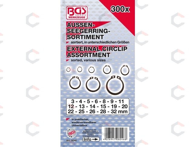 Išorinių fiksavimo žiedų asortimentas | Ø 3 - 32 mm | 300 vnt. (8046) 2 Išorinių fiksavimo žiedų asortimentas | Ø 3 - 32 mm | 300 vnt. (8046) 2
