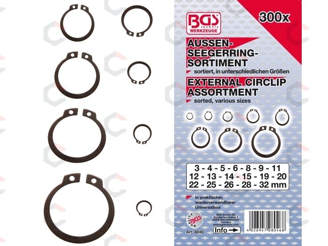 Išorinių fiksavimo žiedų asortimentas | Ø 3 - 32 mm | 300 vnt. (8046) 3 Išorinių fiksavimo žiedų asortimentas | Ø 3 - 32 mm | 300 vnt. (8046) 3