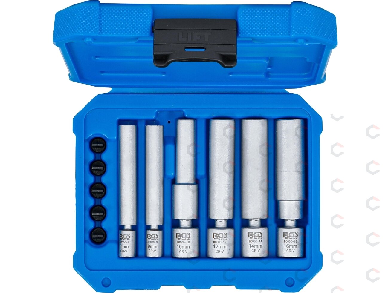 Kaitinimo ir uždegimo žvakių galvučių rinkinys | šarnyrinės | 6,3 mm (1/4") / 10 mm (3/8") | 8 - 9 - 10 - 12 - 14 - 16 mm | 11 vnt. (80000) 3