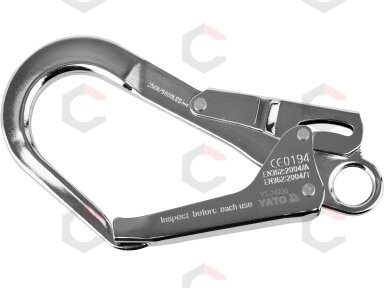 Karabinas fiksuojamas saugos diržams | automatinis užraktas | atsidarymas 52 mm | ilgis 220 mm (YT-74230) Karabinas fiksuojamas saugos diržams | automatinis užraktas | atsidarymas 52 mm | ilgis 220 mm (YT-74230)