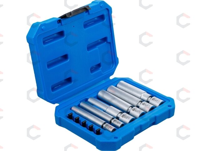 Kaitinimo ir uždegimo žvakių galvučių rinkinys | šarnyrinės | 6,3 mm (1/4") / 10 mm (3/8") | 8 - 9 - 10 - 12 - 14 - 16 mm | 11 vnt. (80000) 2