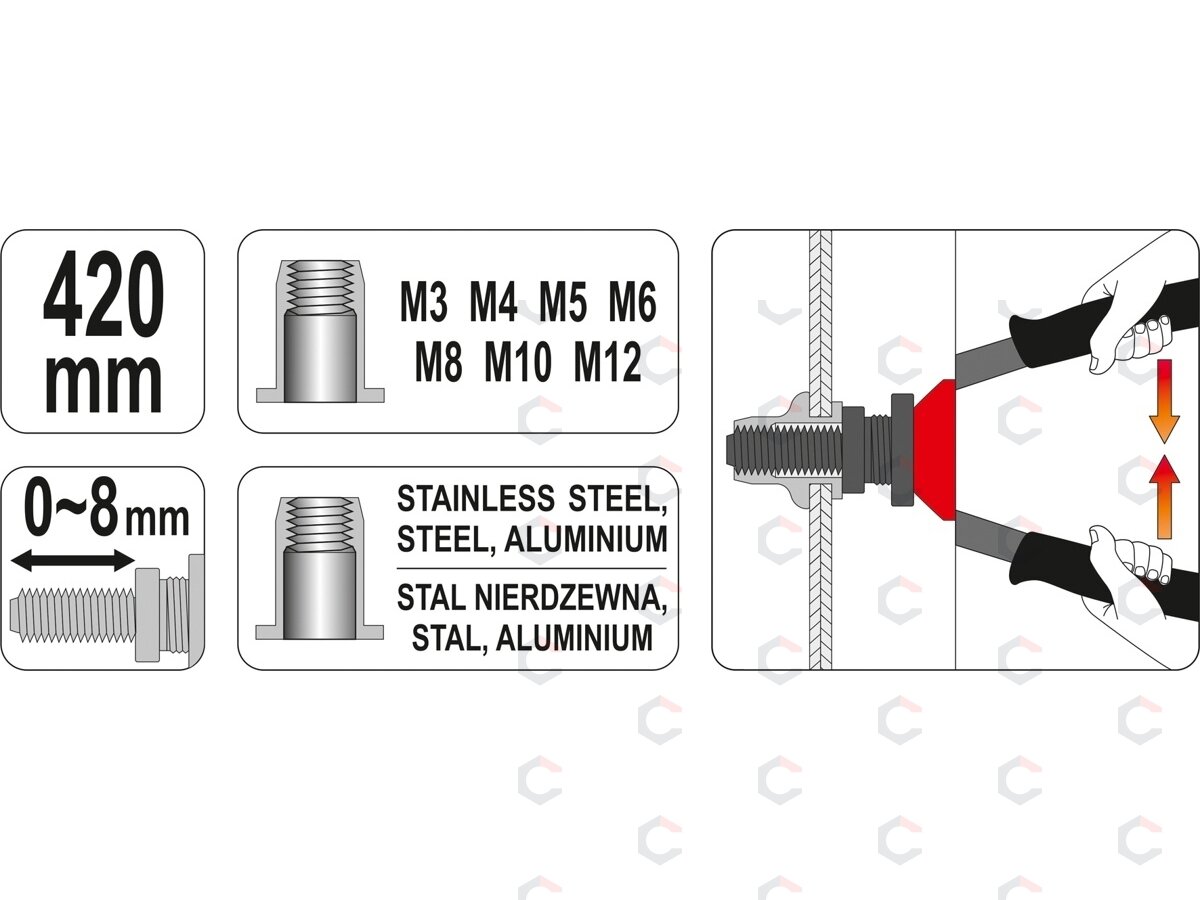 Kniediklis srieginėms kniedėms | M3 - M12 (YT-36125) 5 Kniediklis srieginėms kniedėms | M3 - M12 (YT-36125) 5