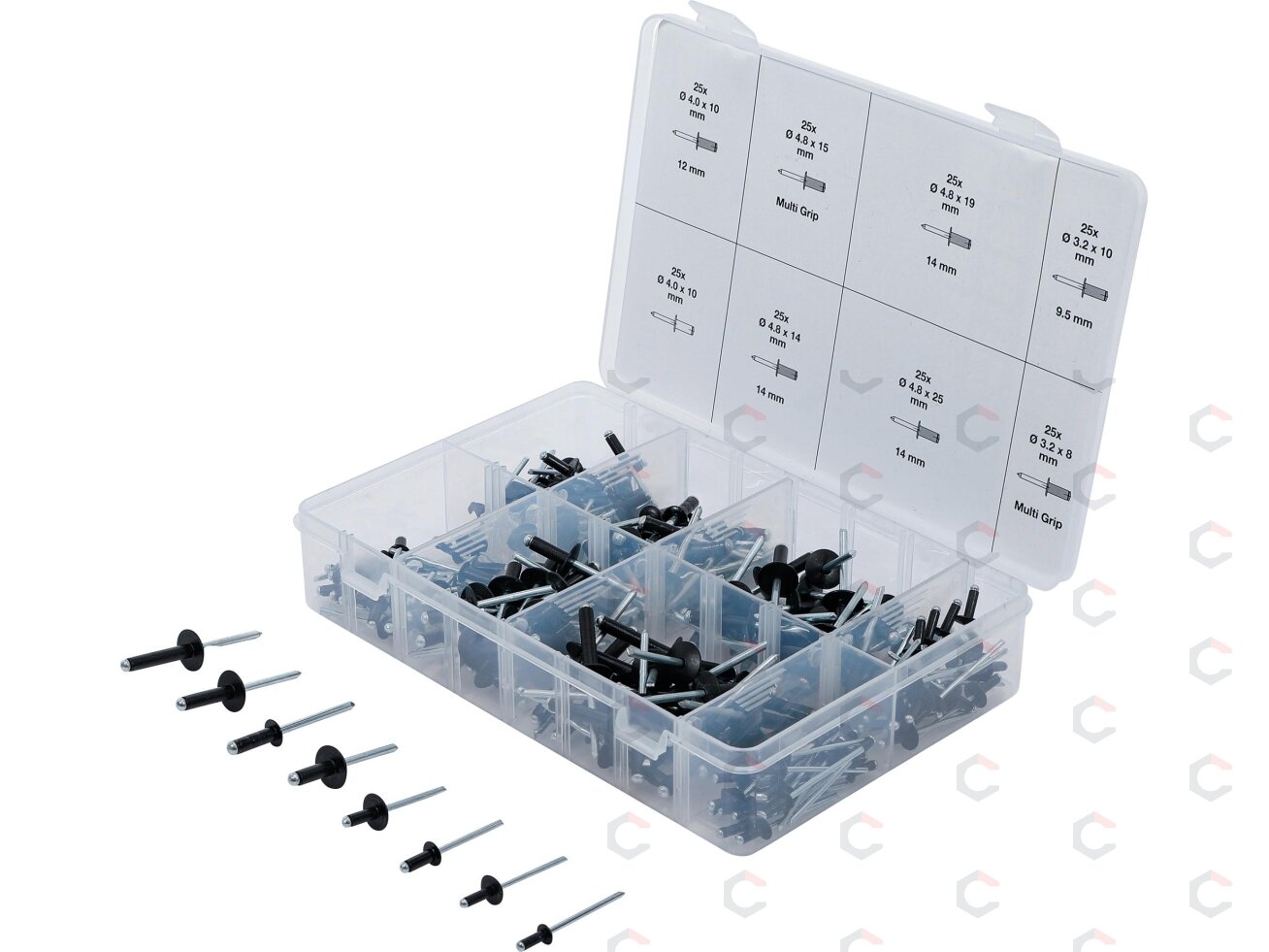 Kniedžių asortimentas | juodos | Aliuminis | Ø 3.2 - 4.8 mm | 200 vnt. (85224) Kniedžių asortimentas | juodos | Aliuminis | Ø 3.2 - 4.8 mm | 200 vnt. (85224)