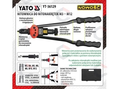 Kniediklis srieginėms kniedėms | M3, M4, M5, M6, M8, M10, M12 (YT-36129) Kniediklis srieginėms kniedėms | M3, M4, M5, M6, M8, M10, M12 (YT-36129)