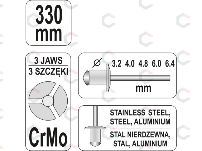 Kniediklis | ilgos rankenos | 330 mm | 3,2-6,4 mm (YT-3609) 3 Kniediklis | ilgos rankenos | 330 mm | 3,2-6,4 mm (YT-3609) 3
