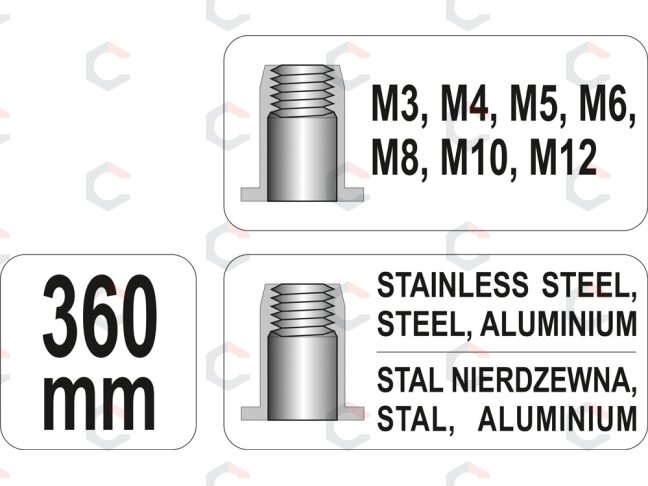Kniediklis srieginėms kniedėms | M3, M4, M5, M6, M8, M10, M12 (YT-36128) 4