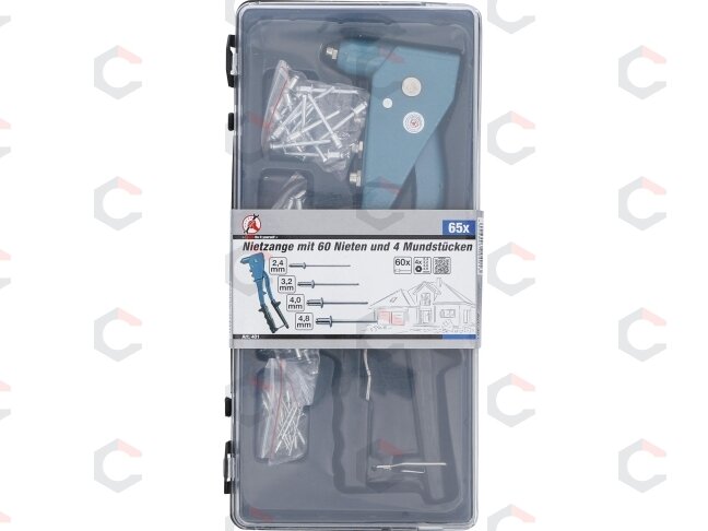 Kniediklis su kniedžių rinkiniu | 2.4 / 3.2 / 4.0 / 4.8 mm | 60 vnt (401) 3 Kniediklis su kniedžių rinkiniu | 2.4 / 3.2 / 4.0 / 4.8 mm | 60 vnt (401) 3