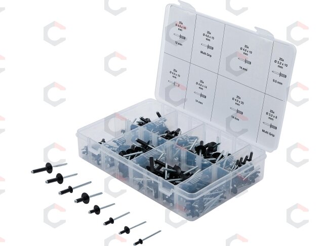 Kniedžių asortimentas | juodos | Aliuminis | Ø 3.2 - 4.8 mm | 200 vnt. (85224) Kniedžių asortimentas | juodos | Aliuminis | Ø 3.2 - 4.8 mm | 200 vnt. (85224)
