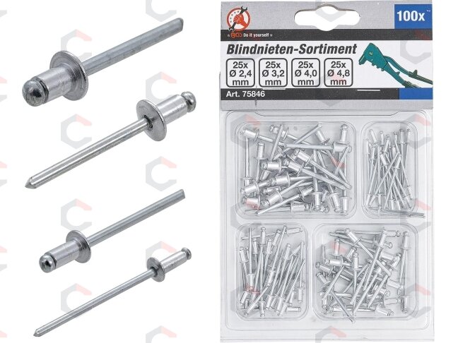 Kniedžių asortimentas | Ø 2.4 - 4.8 mm | 100 vnt. (75846) Kniedžių asortimentas | Ø 2.4 - 4.8 mm | 100 vnt. (75846)