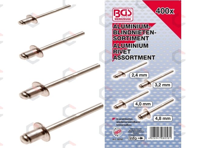 Kniedžių rinkinys dėžutėje | aliuminis | Ø 2,4 - 4,8 mm | 400 vnt. (8058) 3 Kniedžių rinkinys dėžutėje | aliuminis | Ø 2,4 - 4,8 mm | 400 vnt. (8058) 3